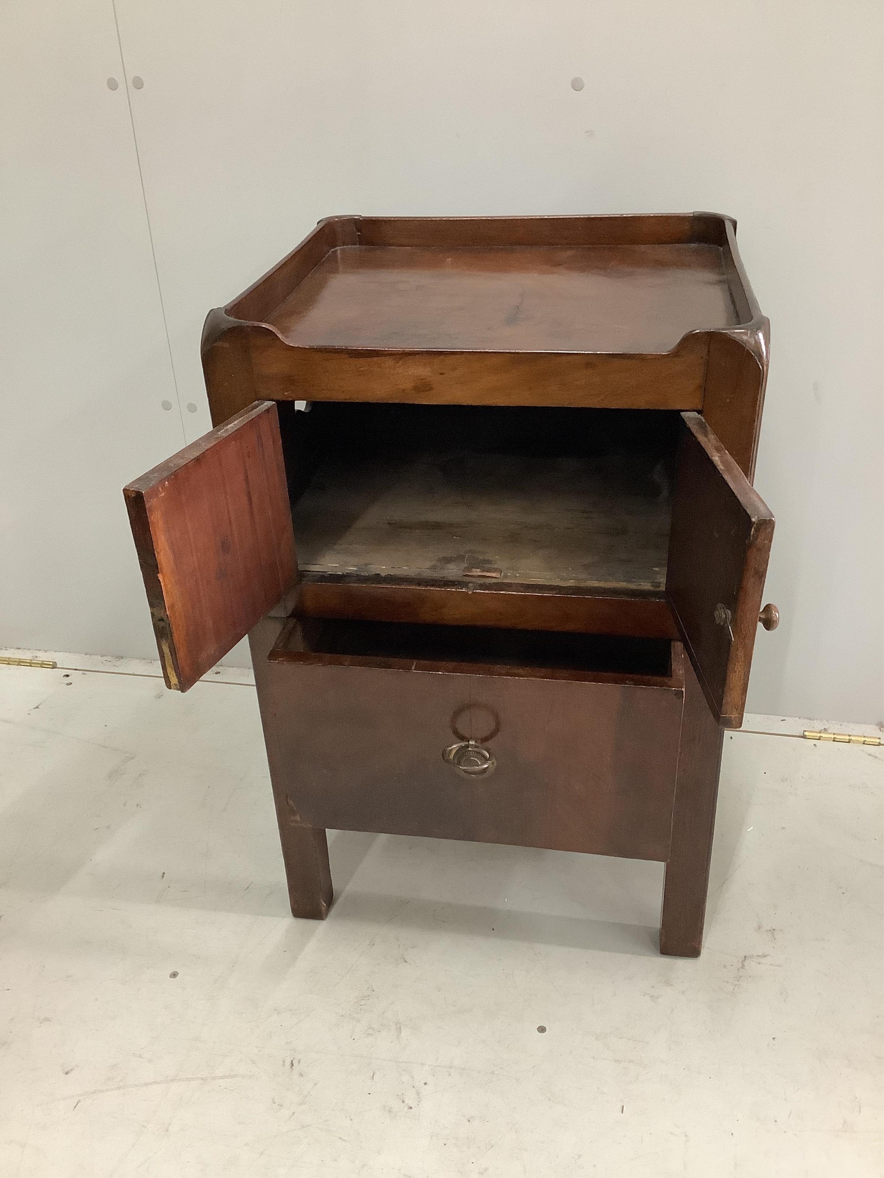 A George III mahogany tray top commode, height 76cm. width 50cm, and a French walnut bedside table, height 73cm. width 42cm. Condition - fair to good